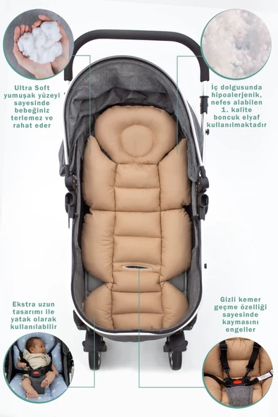 MORDESİGN Bebek Arabası Minderi, Bel Destekli, Plain Desen, Çift Taraflı, Kahverengi - 3