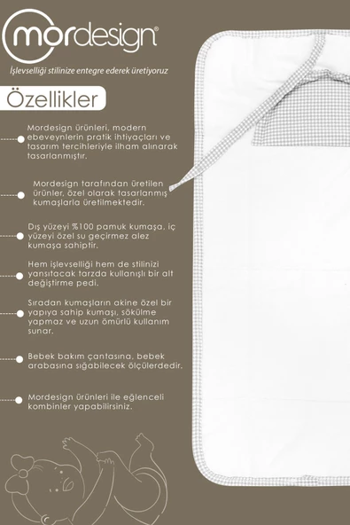 MORDESİGN Bebek Çanta Alt Açma Minderi Alt Değiştirme Pedi Taşınabilir Bakım Örtüsü Care Seri Gri - 3