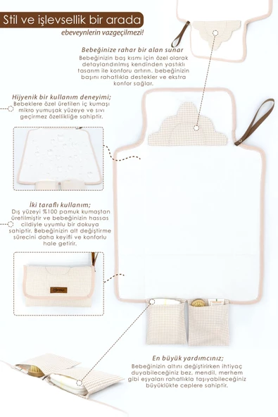MORDESİGN Bebek Çanta Alt Açma Minderi, Alt Değiştirme Pedi, Taşınabilir Bakım Çantası, Clutch Seri,kahverengi - 6