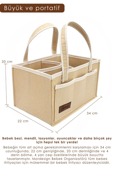 MORDESİGN Kalın Keçe Anne Bebek Bakım Çantası, Organizer, Çok Gözlü Düzenleyici, Gingham Serisi, Kapiçino - 4