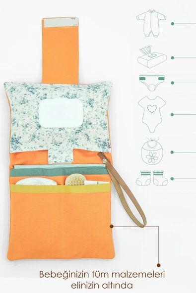MORDESİGN Bebek Alt Açma Bakım Çantası, Anne Bebek Organizeri, Yıkanabilir, Kir Tutmaz, Junior Serisi, Turuncu - 2