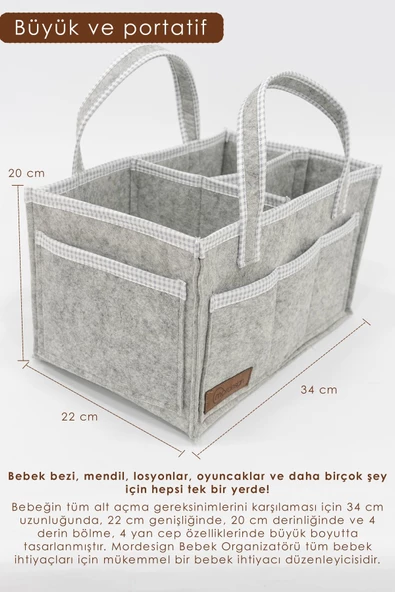 MORDESİGN Çok Amaçlı Kalın Keçe Anne Bebek Bakım Çantası, Dolap İçi Organizer, Scotch Serisi - 4