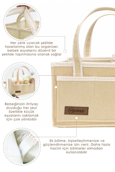 MORDESİGN Kalın Keçe Anne Bebek Bakım Çantası, Organizer, Çok Gözlü Düzenleyici, Gingham Serisi, Kapiçino - 3