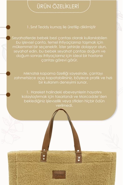MORDESİGN Teddy Bag,Anne Bebek Bakım Çantası, Cüzdan Hediyeli, XL Büyük Boy, Kadın Çantası, Morteddy Serisi - 3