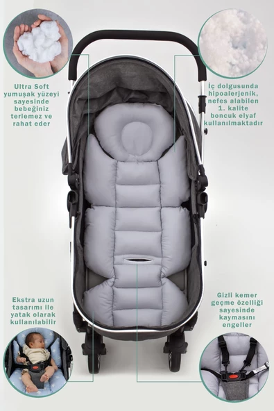 MORDESİGN Bebek Arabası Minderi, Bel Destekli, Plain Desen, Çift Taraflı, Gri - 3