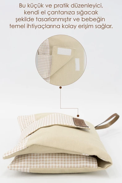 MORDESİGN Bebek Alt Açma Bakım Çantası, Anne Bebek Organizeri, Yıkanabilir, Kir Tutmaz, Junior Serisi, Bej - 4