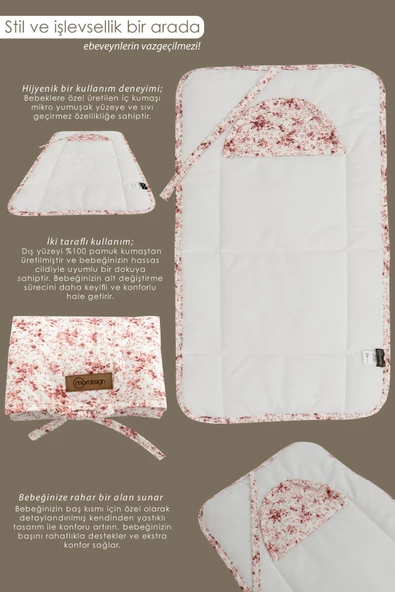 MORDESİGN Bebek Çanta Alt Açma Minderi Alt Değiştirme Pedi Taşınabilir Bakım Örtüsü Çıtır Seri Pudra - 3