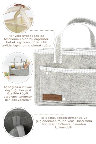MORDESİGN Çok Amaçlı Kalın Keçe Anne Bebek Bakım Çantası, Dolap İçi Organizer, Scotch Serisi - 3