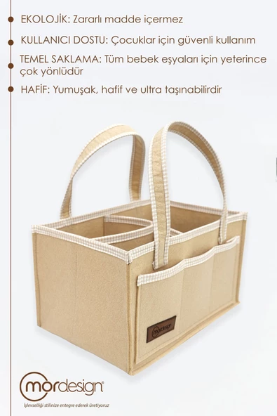 MORDESİGN Kalın Keçe Anne Bebek Bakım Çantası, Organizer, Çok Gözlü Düzenleyici, Gingham Serisi, Kapiçino - 6