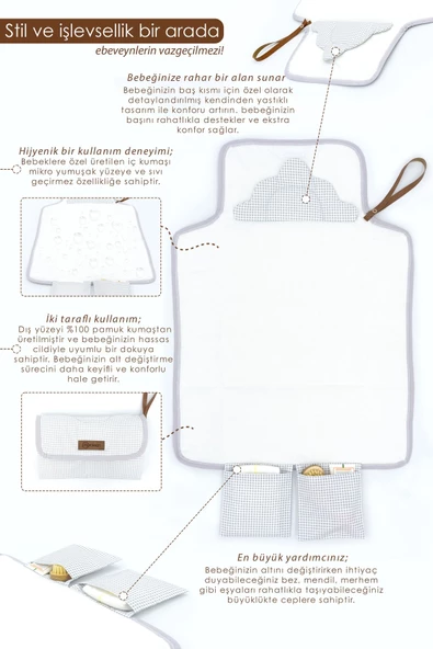 MORDESİGN Bebek Çanta Alt Açma Minderi Alt Değiştirme Pedi, Taşınabilir Bakım Çantası, Clutch Seri, Gri - 5