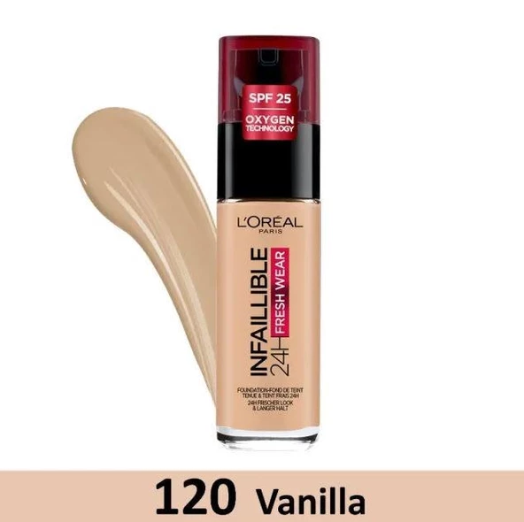 L'Oreal Paris Uzun Süre Kalıcı Fondöten - Infaillible 24H Fresh Wear 120 Vanilla 30 ml 3600523614455