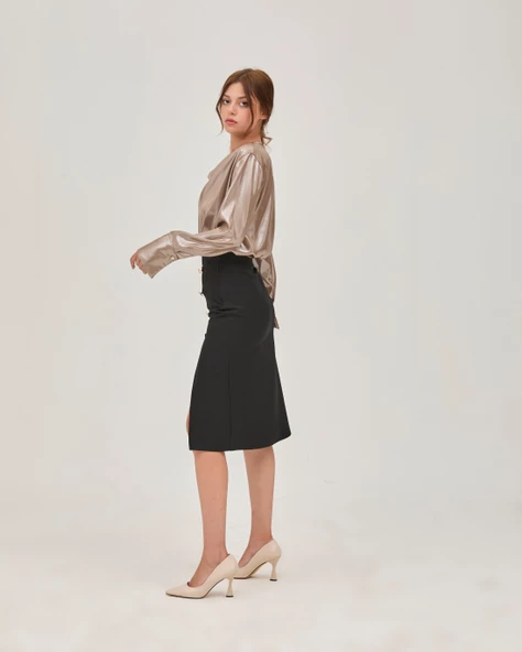 Düğme Detay Derin Yırtmaç Midi Etek Siyah - 2