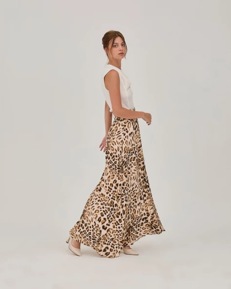 Leopar Desen Yırtmaçlı Uzun Etek - 2
