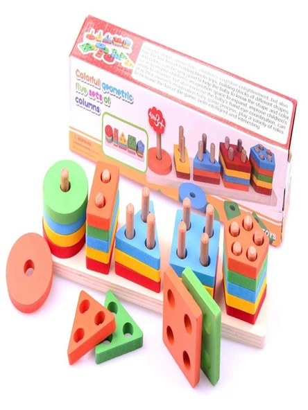 Renkli Geometrik Beş Sütun Seti - Eğitici Oyuncaklar
