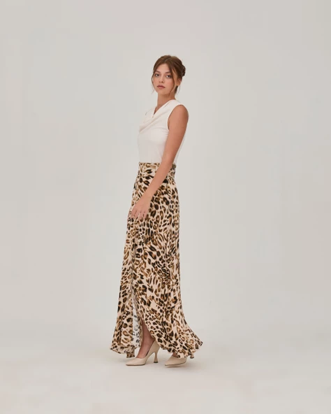 Leopar Desen Yırtmaçlı Uzun Etek - 3