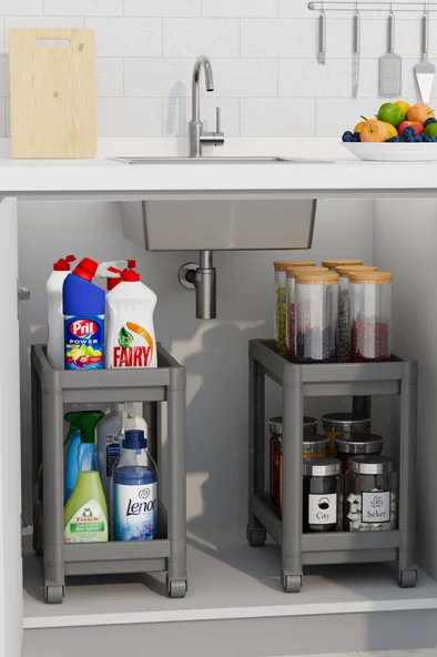 Mithra Life 2 Adet 2 Katlı Tekerlekli Tezgah Altı Gri Banyo Mutfak Rafı MIT1124 - 2