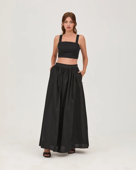 Poplin Fermuarlı Etek Crop Takım Siyah - 2
