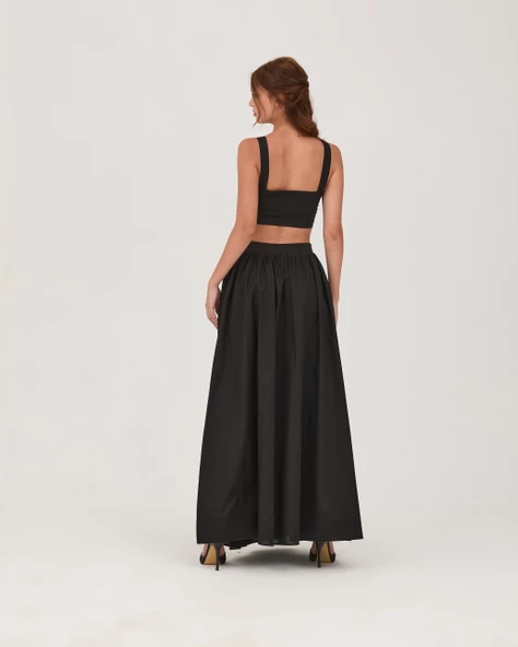 Poplin Fermuarlı Etek Crop Takım Siyah - 4
