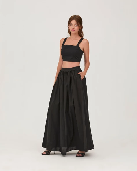 Poplin Fermuarlı Etek Crop Takım Siyah - 3