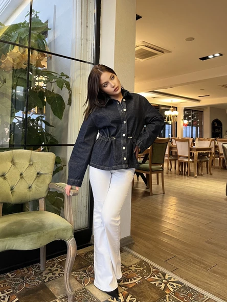 Kadın Kot Gömlek Lacivert - Resim 4