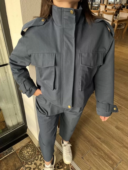 Kadın Tencel Gabardin Takım Lacivert - Resim 7