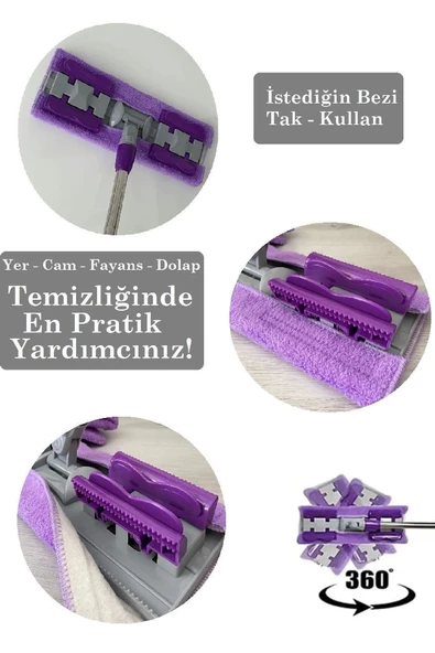 QASULYedek Mikrofiber Bezli Mandallı Mop, Sıkıştırmalı, Uzayabilir Teleskopik Saplı, 360 Derece Dönebilir Zemin ve Duvar Temizlik - 2