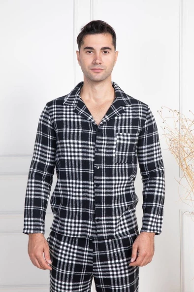 Mecit 2950 Erkek Beyaz Ekoseli Büyük Beden Kışlık Pijama Takımı - 4