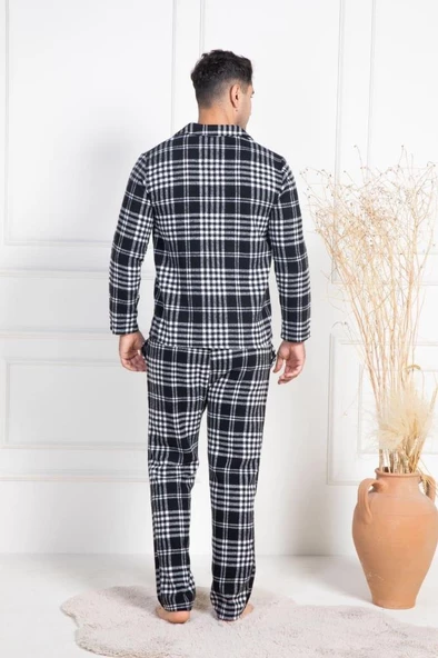 Mecit 2950 Erkek Beyaz Ekoseli Büyük Beden Kışlık Pijama Takımı - 3