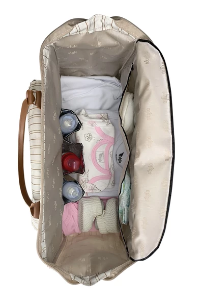 Stylo Kadın Krem Çizgili Bebek Bakım  Çantası - Resim 6