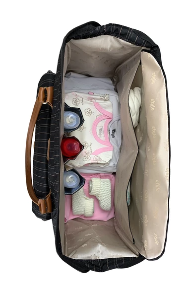 Stylo Kadın Siyah Çizgili Bebek Bakım Çantası - Resim 6