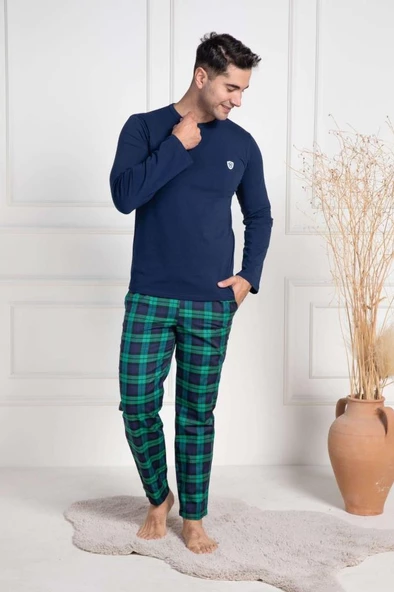 Mecit 3051 Erkek Lacivert Ekoseli Büyük Beden Pijama Takımı - 3