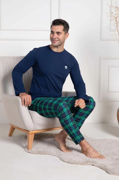 Mecit 3051 Erkek Lacivert Ekoseli Büyük Beden Pijama Takımı