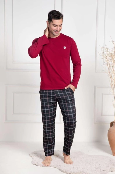 Mecit 3050 Erkek Bordo Ekoseli Büyük Beden Pijama Takımı - 2