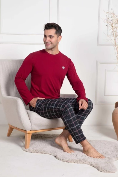 Mecit 3050 Erkek Bordo Ekoseli Büyük Beden Pijama Takımı