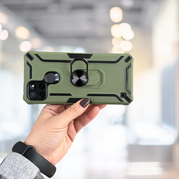 REALME C21Y YÜZÜKLÜ STANDLI TANK KILIF  (ARMOR MILITARY CASE)  KOYU YEŞİL