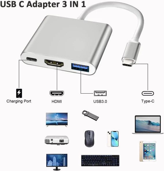 Desingshop Type C To USB-C 4 K Hd HDMI USB 3.0 Port Adaptörü Şarj USB-C - 3