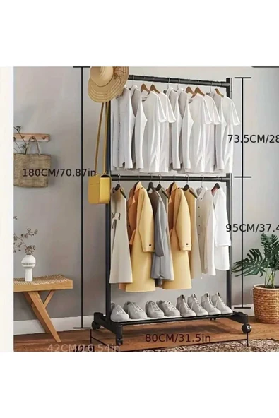Metal Siyah Çift Askılı Elbise  Konfeksiyon Askılık Tekerlekli 1041-CN - 3