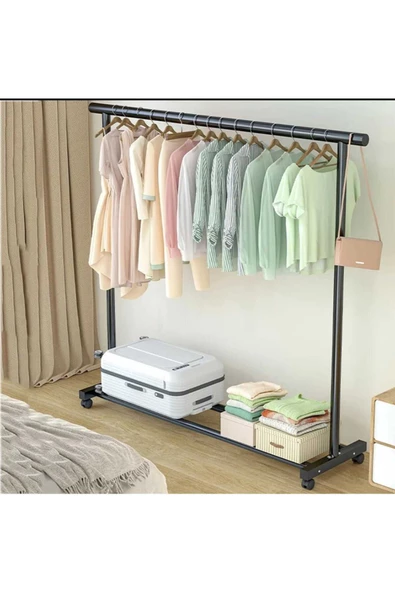 Metal Siyah Düz  Konfeksiyon Askısı  Elbise Askılığı Tekerlekli 1039-CN - 3