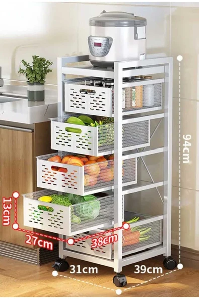 4 Katlı Lux Metal Beyaz Çekmeceli Patates Soğan Sebze Meyve Sepeti Sebzelik 1009-CN - 2
