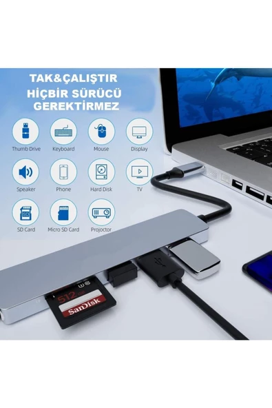 6'lı Usb Type-c Dockıng Statıon (GİRİŞ: USB TİP-C => 3*USB3.0 HDMI SD MİCRO SD)