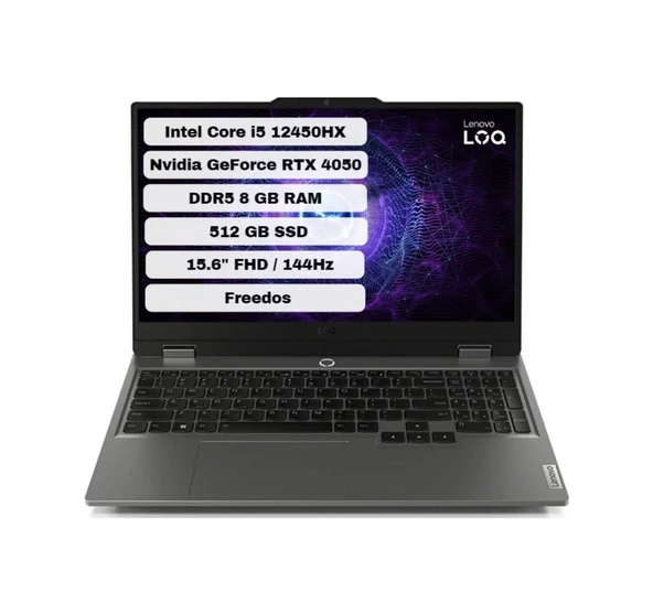 Lenovo LOQ 15IAX9 83GS007WTR i5-12450HX 8 GB 512 GB SSD RTX4050 15.6" Dos Dizüstü Bilgisayar