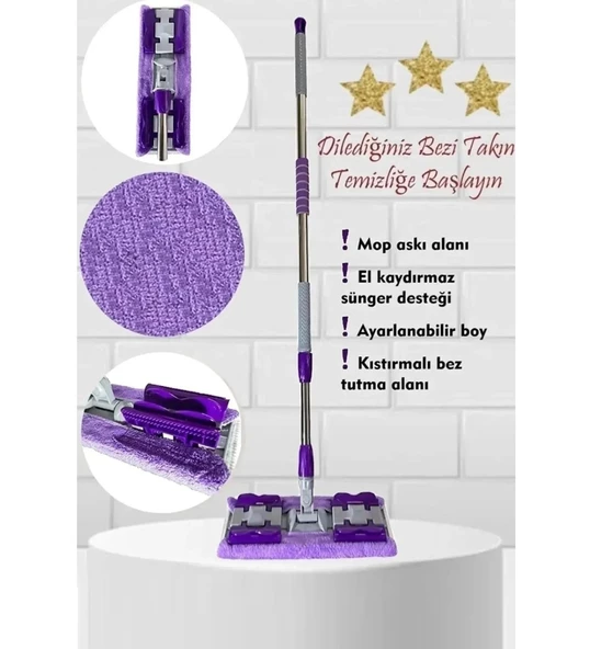 QASUL Yer Mopu Paspas Fayans Duvar Yüzey Temizlik Mikrofiber Mop + Yedek Bez Hediye - 2