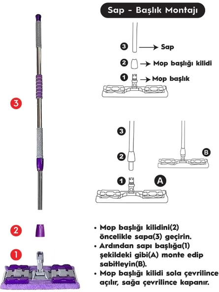 QASUL Yer Mopu Paspas Fayans Duvar Yüzey Temizlik Mikrofiber Mop + Yedek Bez Hediye - 4
