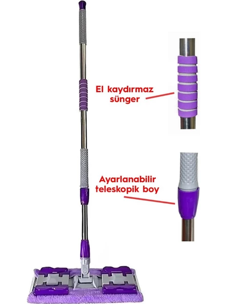QASUL Yer Mopu Paspas Fayans Duvar Yüzey Temizlik Mikrofiber Mop + Yedek Bez Hediye - 5