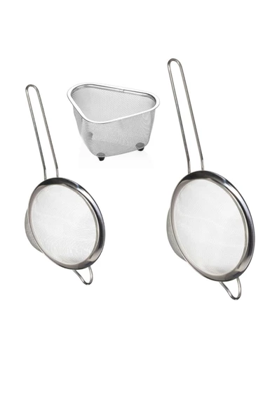 Fame Kitchen Paslanmaz Çelik 18cm ve 20cm Tek Saplı Yuvarlak Süzgeç ve Üçgen Lavabo Süzgeç Seti-3 Parça - 2