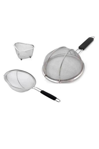 Fame Kitchen Paslanmaz Çelik 24cm ve 26cm Bariyerli Tek Saplı Yuvarlak Süzgeç ve Üçgen Lavabo Süzgeç Seti-3 Parça - 2
