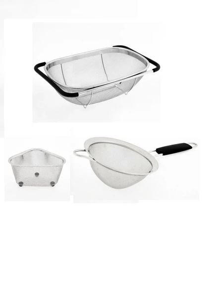 Fame Kitchen Paslanmaz Çelik Çok Amaçlı Pratik Lüx Mutfak Süzgeç Seti-3 Parça