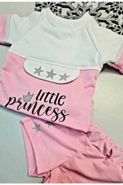 Yazlık Mini Şort Kısa Kol Kız Bebek Takım Little Princess Pembe - 3