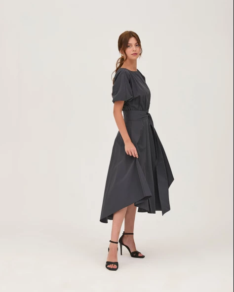 Poplin Kemerli Midi Elbise Füme - 3