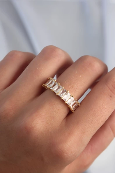 Pirinç Ayarlamalı Gold Renk Baget Taşlı Su Yolu Yüzük - TJ-BYK3285 - 2